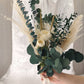 Bridal bouquet with preserved foliage and dried flowers is perfect for a minimalistic wedding theme. A beautiful mix of preserved eucalyptus, dried pampas grass, preserved gypsophila, dried wheat and artificial peonies.