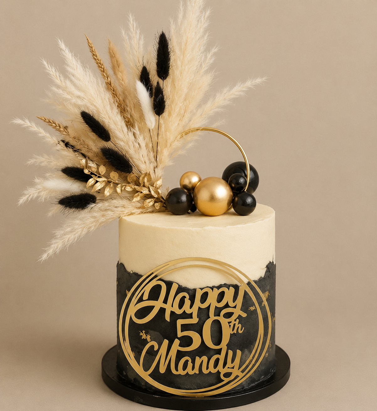 Gold & Black Pampas cake topper wreath